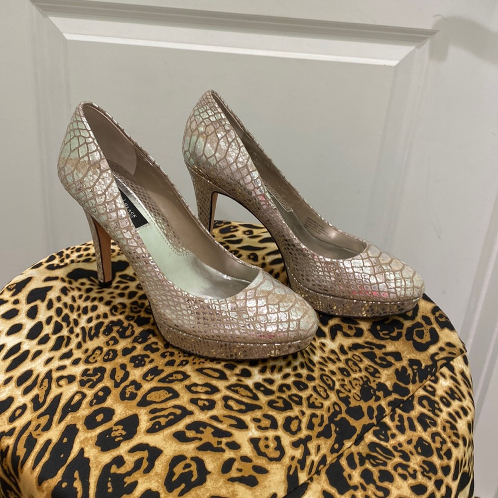 White House Black Market foil animal print pumps